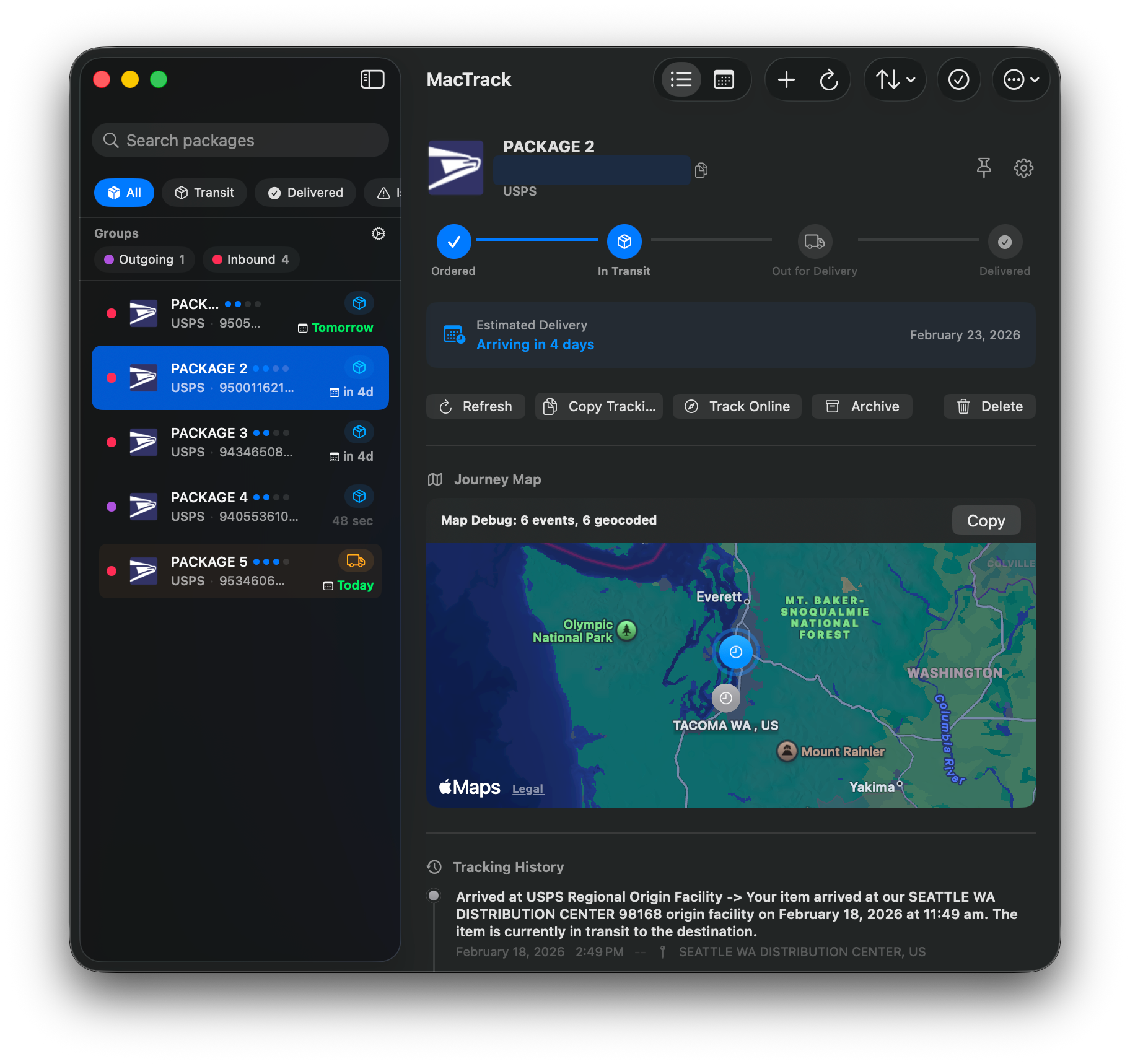 MacTrack full window showing package list, tracking detail with journey map