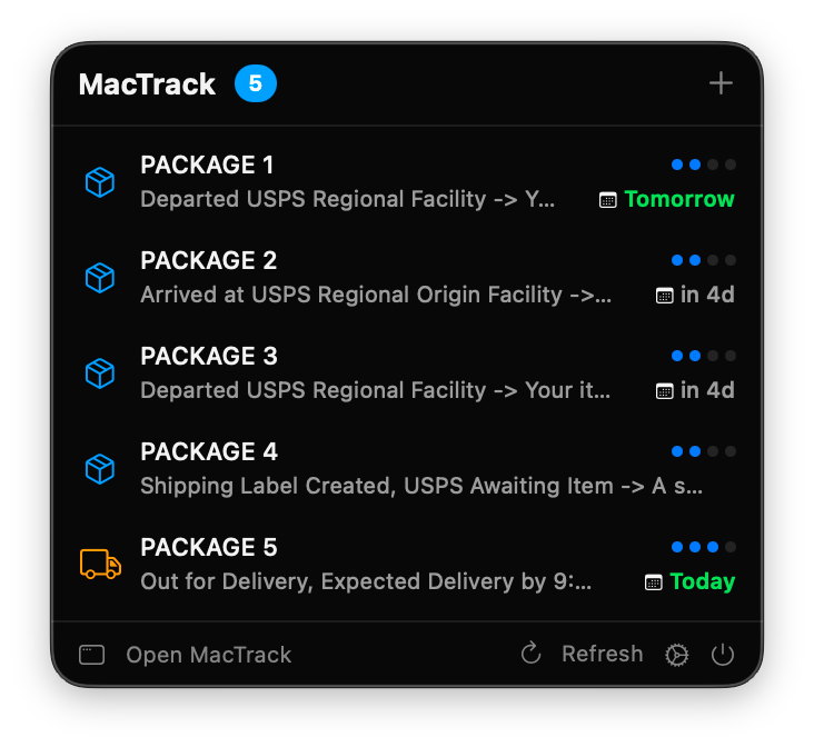 MacTrack menu bar popover showing package list with delivery status