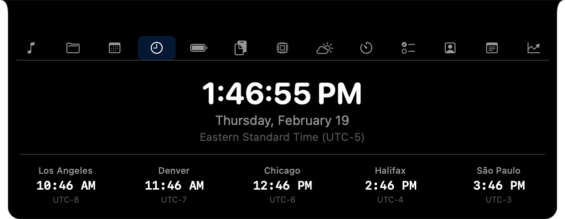 Notchin expanded panel showing world clock with multiple time zones