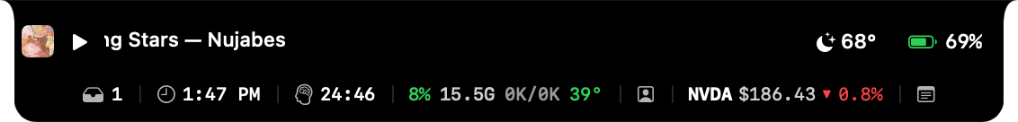 Notchin hover bar showing compact widgets along the top of the screen