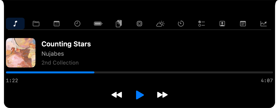 Notchin expanded panel showing Now Playing with album art and media controls